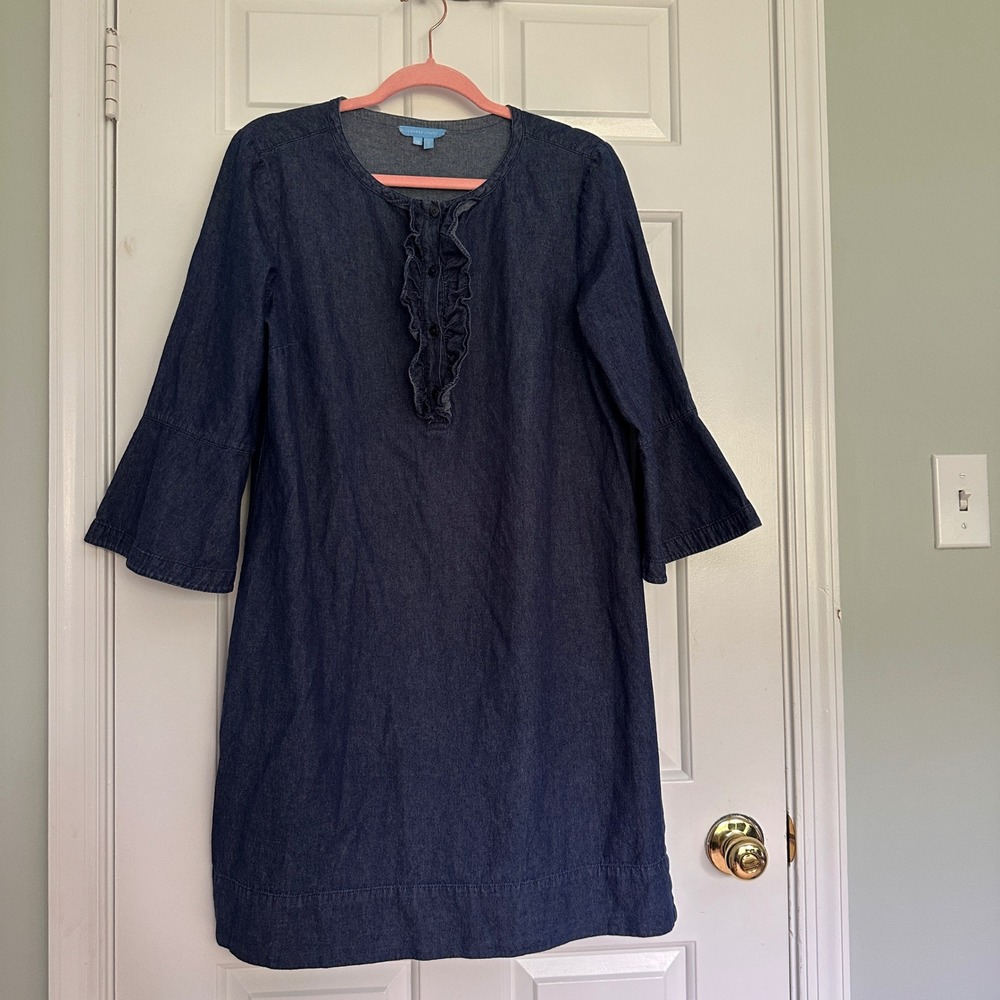 Draper James Denim Chambray Ruffle Bell Sleeve Shift Dress Blue Cotton Womens 12